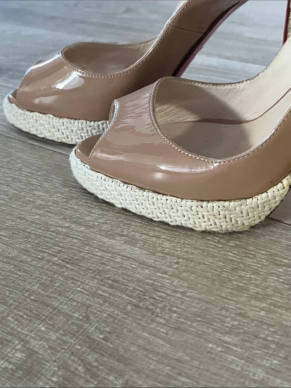 Christian Louboutin Nude Patent Peep-Toe Slingback Wedge Espadrilles